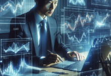 A focused options trader intensely analyzing stock charts on a sleek computer screen, surrounded by floating holographic graphs and data visualization