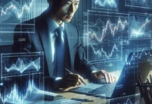A focused options trader intensely analyzing stock charts on a sleek computer screen, surrounded by floating holographic graphs and data visualization